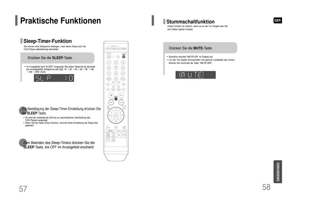 Samsung HT-Z110NT/XEF, HT-Z110R/XEF manual Praktische Funktionen, Drücken Sie die SLEEP-Taste, Drücken Sie die MUTE-Taste 