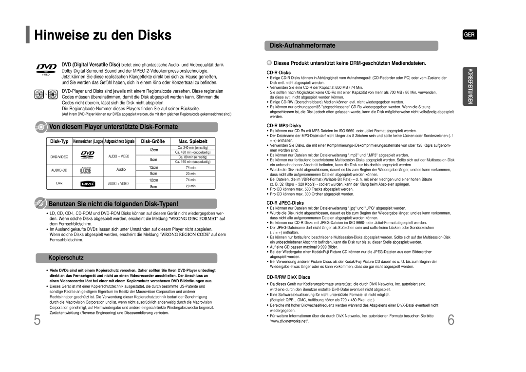 Samsung HT-Z110R/XEF, HT-Z110R/EDC, HT-Z110NT/XEF, HT-Z110NT/EDC manual Hinweise zu den Disks, Kopierschutz 