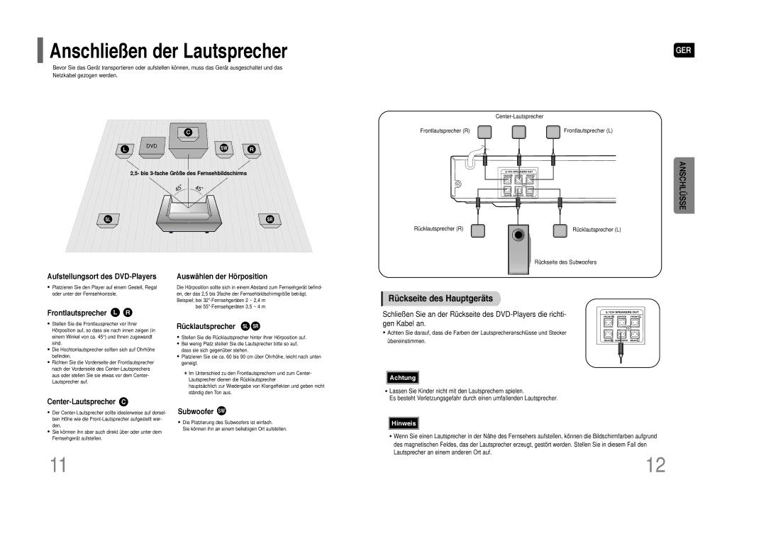 Samsung HT-Z110NT/EDC, HT-Z110R/XEF, HT-Z110R/EDC, HT-Z110NT/XEF Anschließen der Lautsprecher, Rückseite des Hauptgeräts 