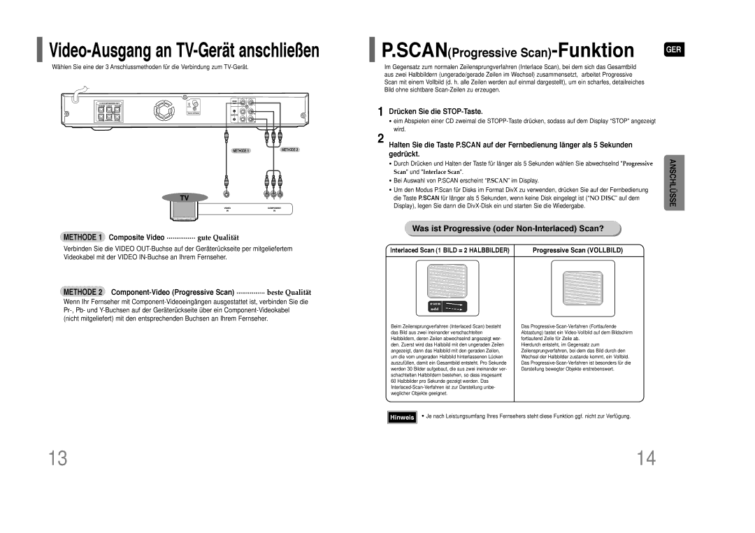 Samsung HT-Z110R/XEF Was ist Progressive oder Non-Interlaced Scan?, Drücken Sie die STOP-Taste, Progressive Scan Vollbild 