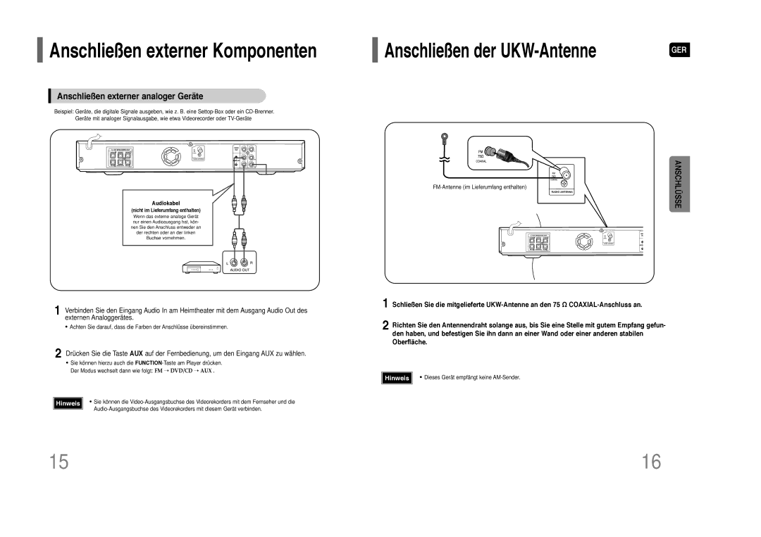 Samsung HT-Z110R/EDC, HT-Z110R/XEF, HT-Z110NT/XEF Anschließen externer Komponenten, Anschließen externer analoger Geräte 