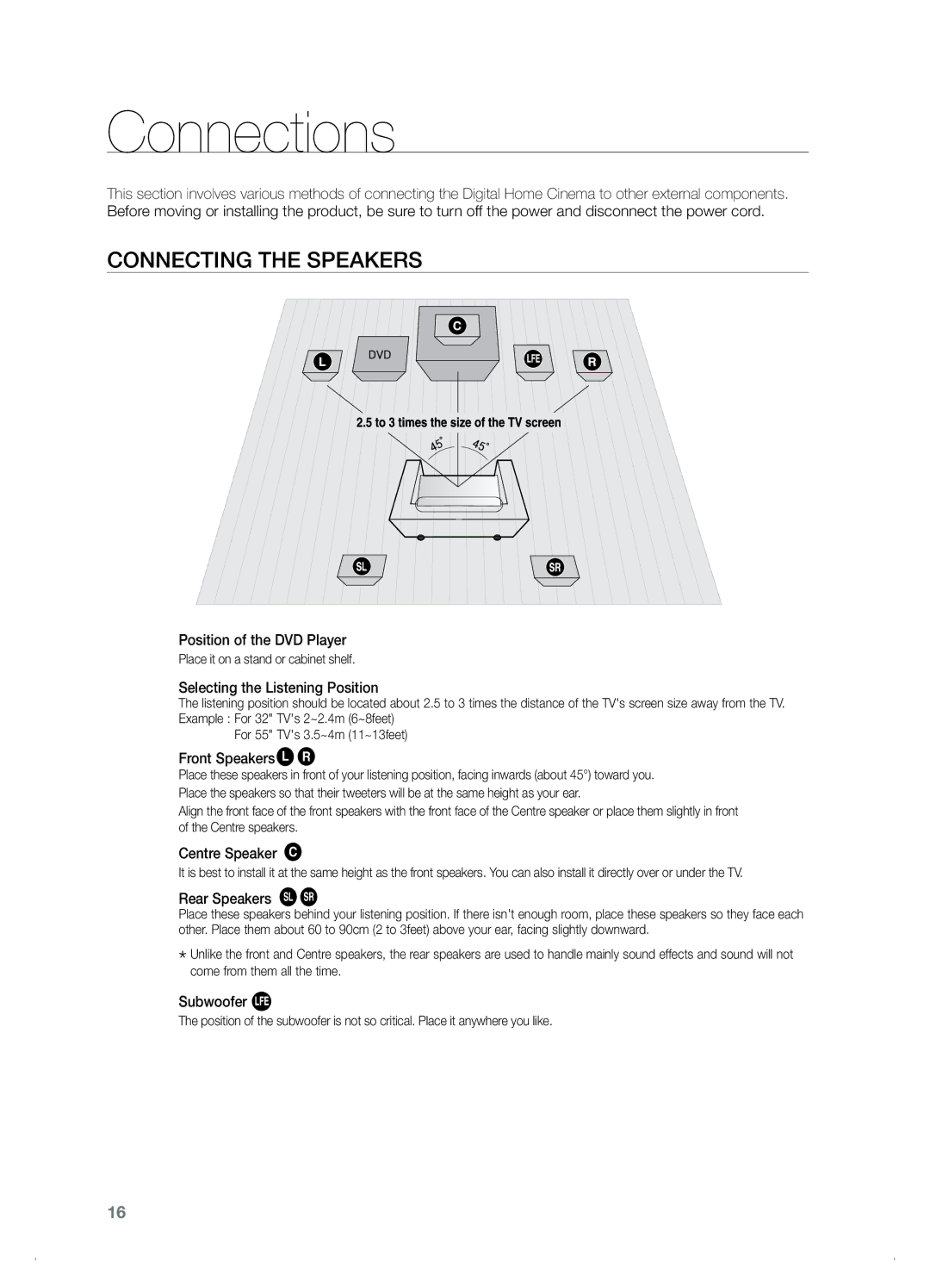 Samsung HT-TZ122, HT-Z120 manual Connections, Connecting the Speakers 