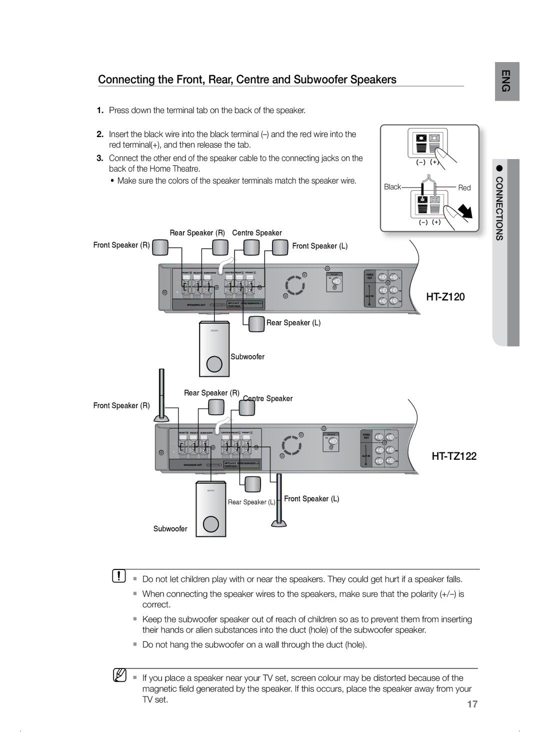 Samsung HT-Z120 manual Connecting the Front, Rear, Centre and Subwoofer Speakers, HT-TZ122, TV set 