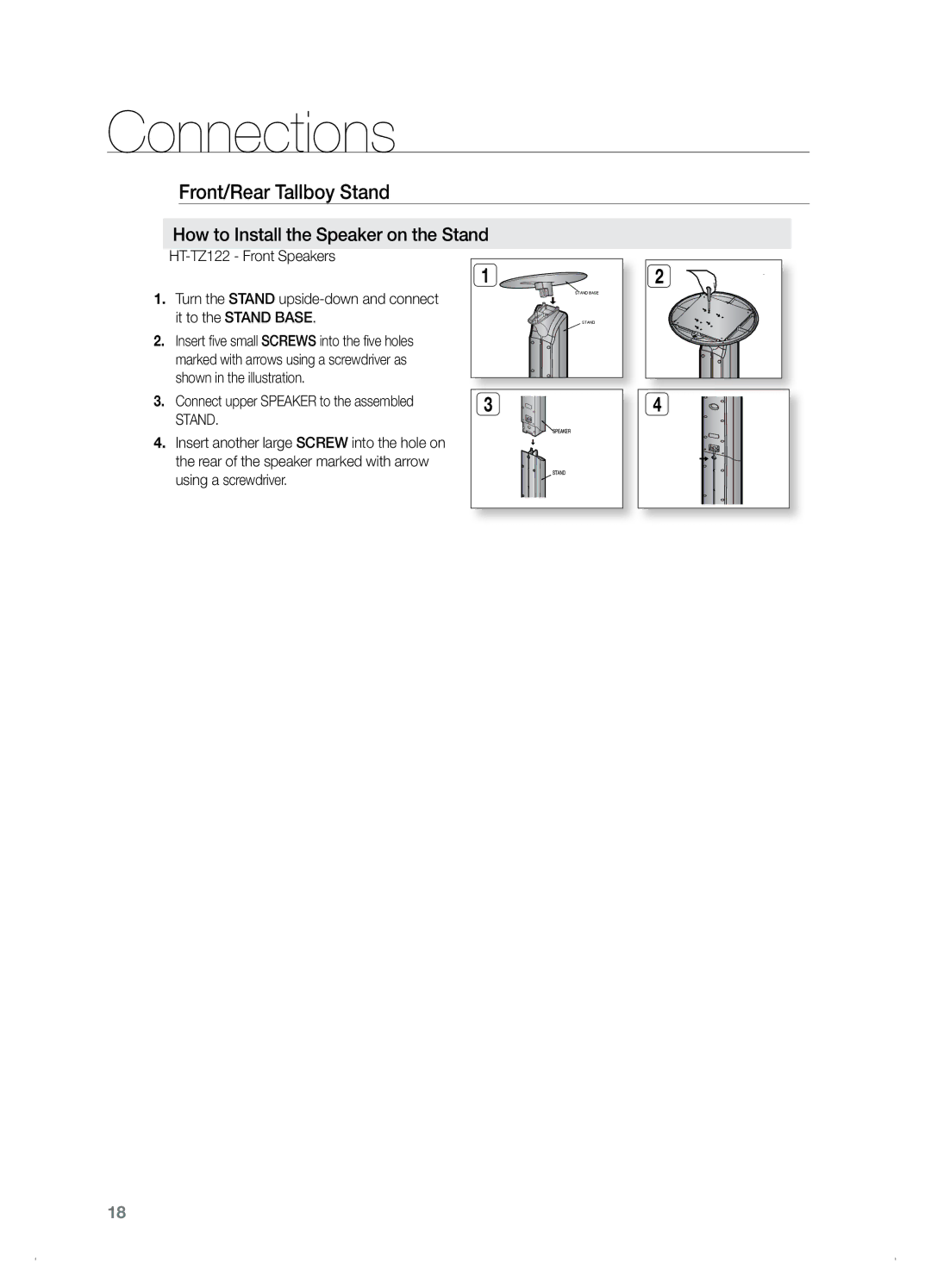 Samsung HT-TZ122, HT-Z120 manual Front/Rear Tallboy Stand, How to Install the Speaker on the Stand 