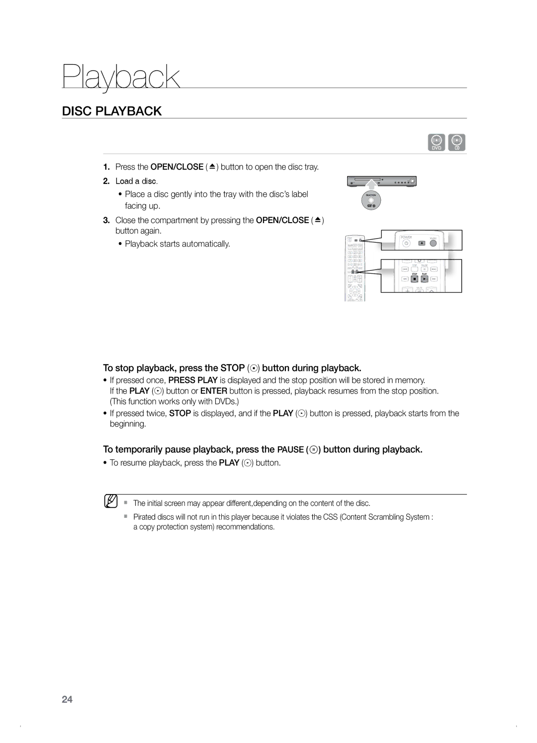 Samsung HT-TZ122, HT-Z120 manual Disc Playback, To stop playback, press the Stop button during playback 