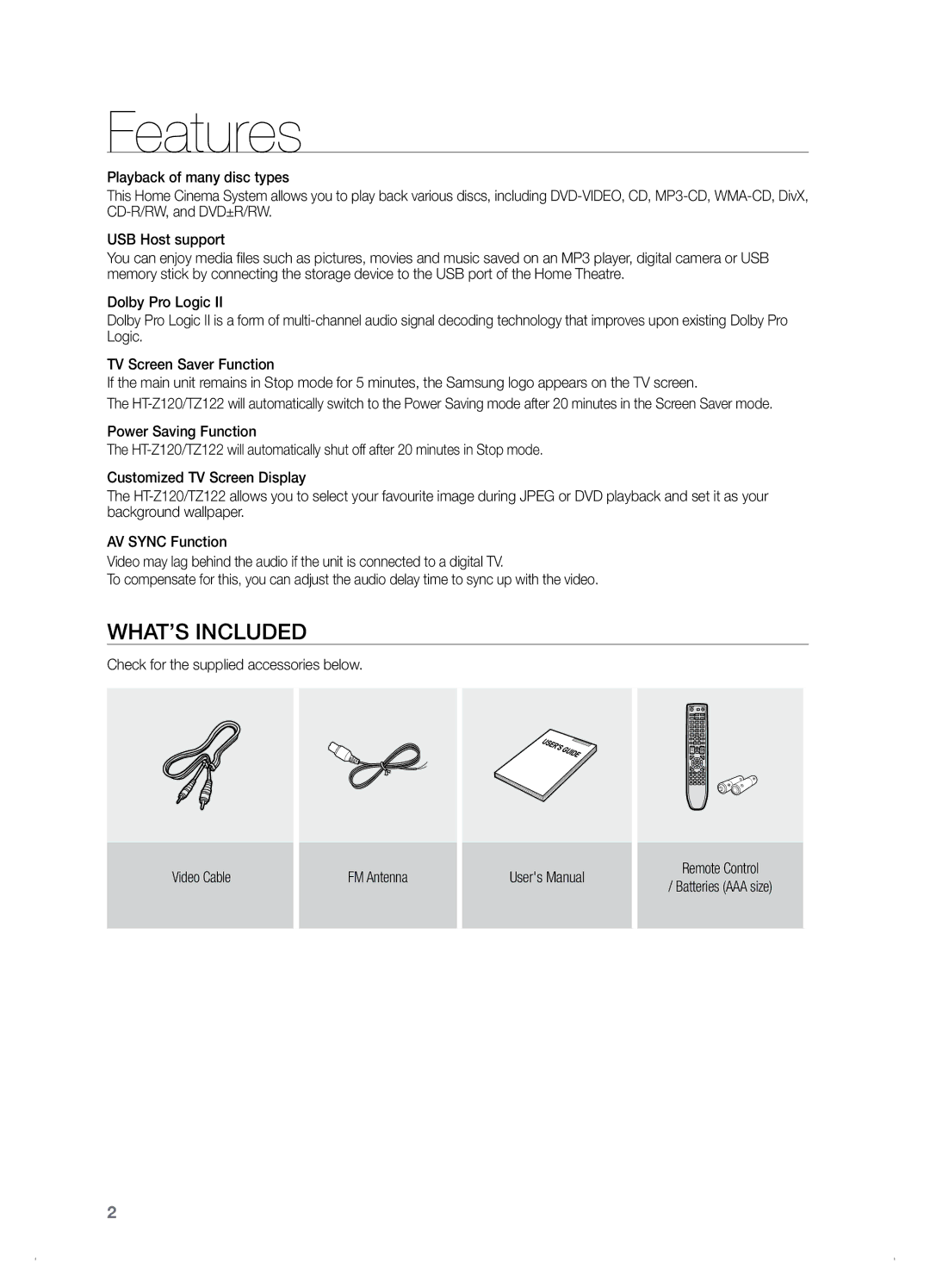 Samsung HT-TZ122, HT-Z120 manual Features, What’s included 