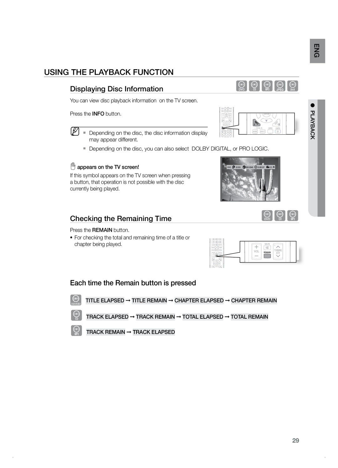 Samsung HT-Z120, HT-TZ122 manual Using the Playback Function, Displaying Disc Information, Checking the Remaining Time 