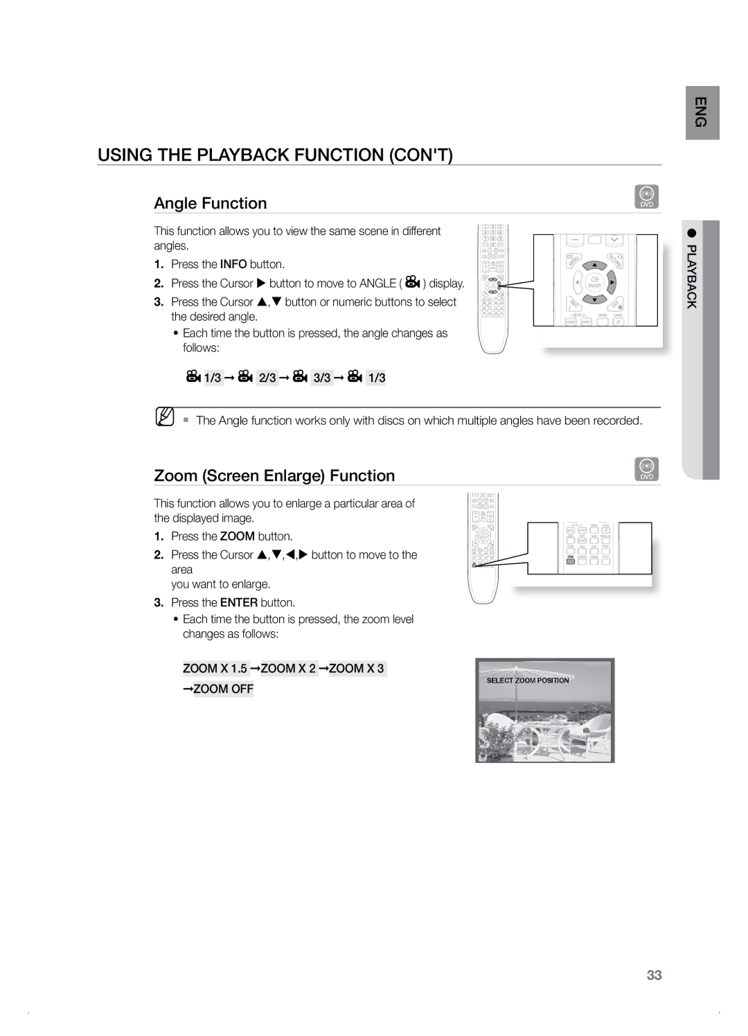 Samsung HT-Z120, HT-TZ122 manual Angle Function, Zoom Screen Enlarge Function, Zoom OFF 