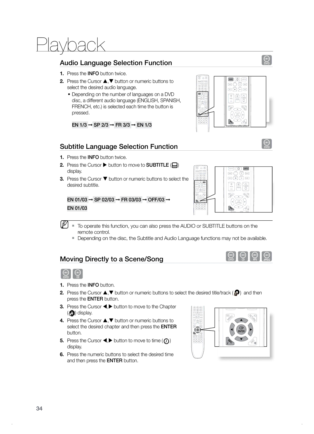 Samsung HT-TZ122 Audio Language Selection Function, Subtitle Language Selection Function, Moving Directly to a Scene/Song 