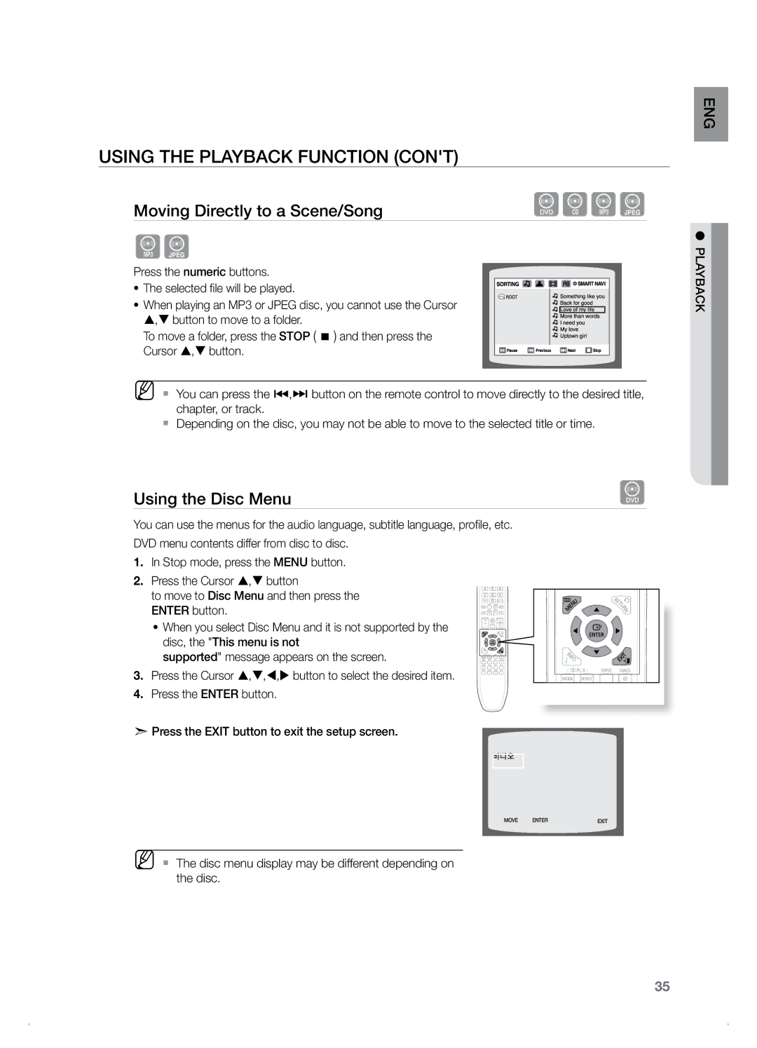 Samsung HT-Z120, HT-TZ122 manual Using the Disc Menu, Press the numeric buttons Selected file will be played 