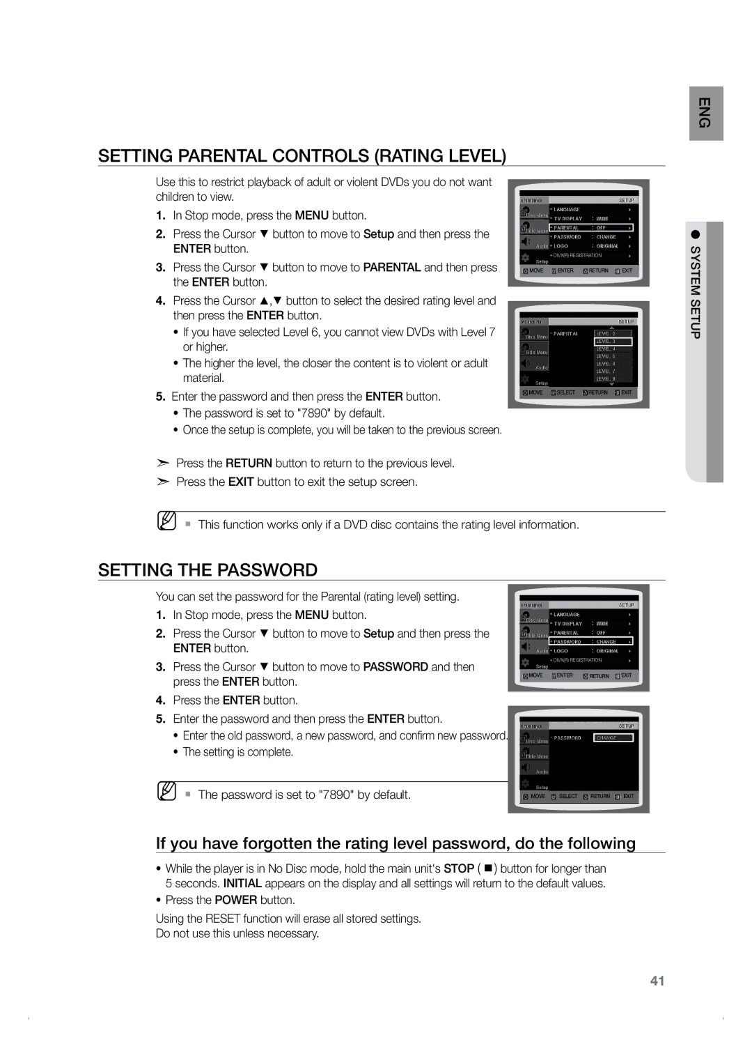 Samsung HT-Z120, HT-TZ122 manual Setting Parental Controls Rating Level, Setting the Password 