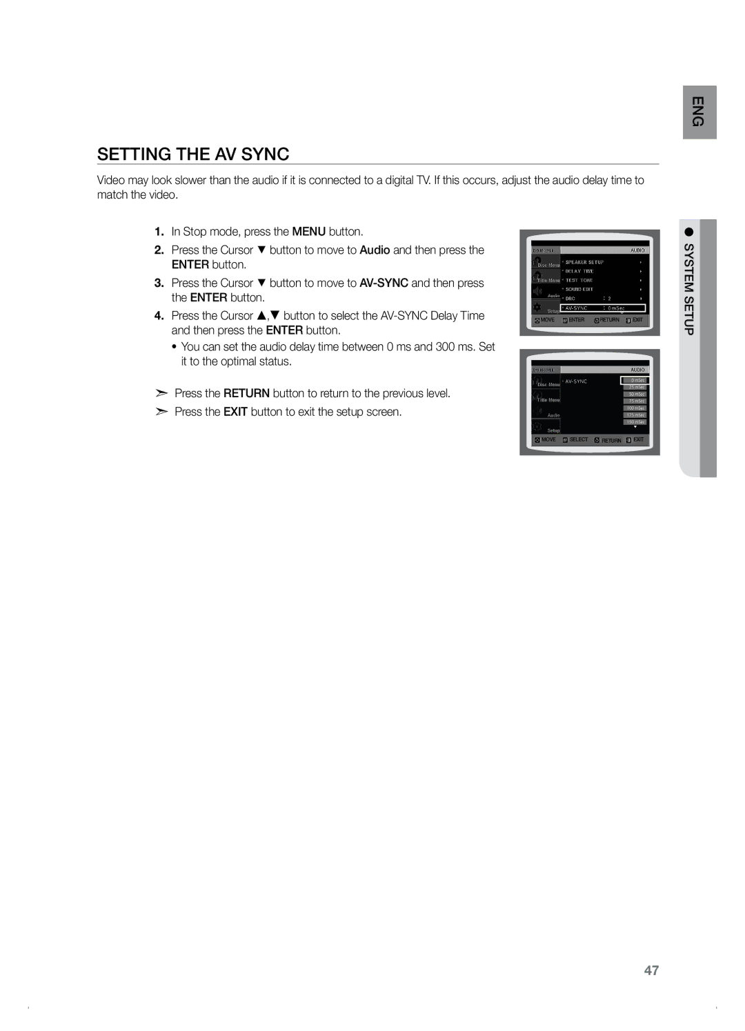 Samsung HT-Z120, HT-TZ122 manual Setting the AV Sync 