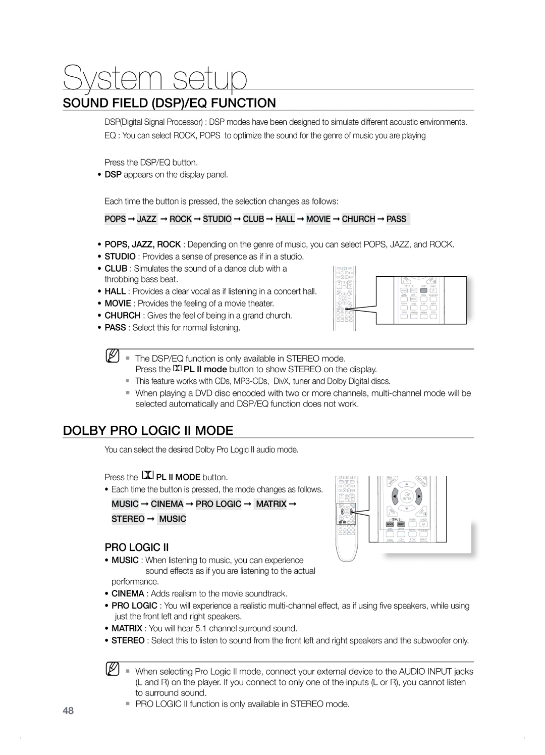 Samsung HT-TZ122 Sound Field DSP/EQ Function, Dolby Pro Logic II Mode, Pops Jazz Rock Studio Club Hall Movie Church Pass 