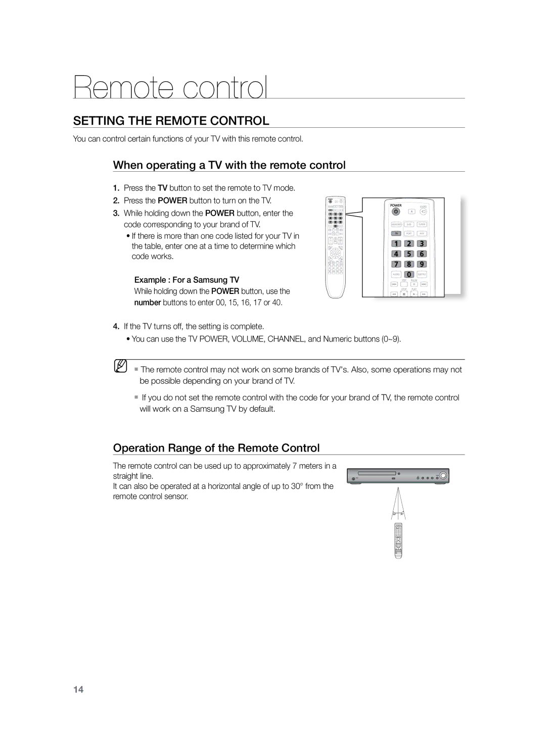 Samsung HT-Z120T/MEA, HT-Z120T/EDC, HT-Z120T/XEF Setting the Remote Control, When operating a TV with the remote control 