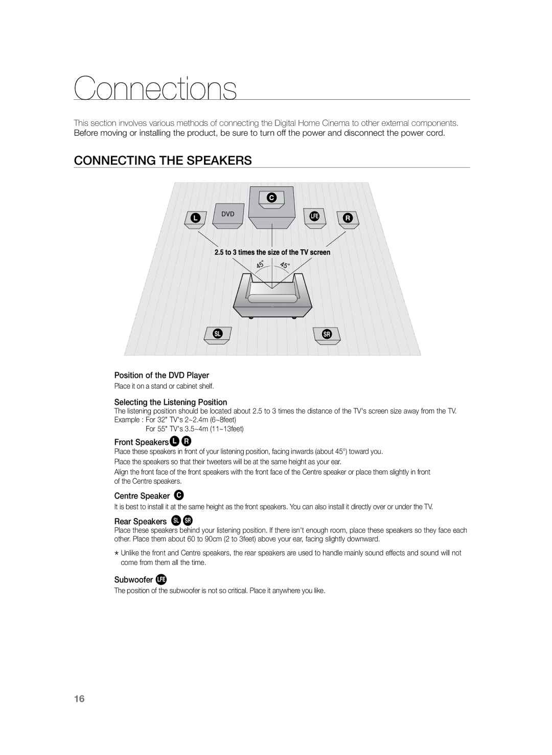 Samsung HT-Z120T/SIM, HT-Z120T/EDC, HT-Z120T/XEF, HT-Z120T/XET, HT-Z120T/FMC manual Connections, Connecting the Speakers 