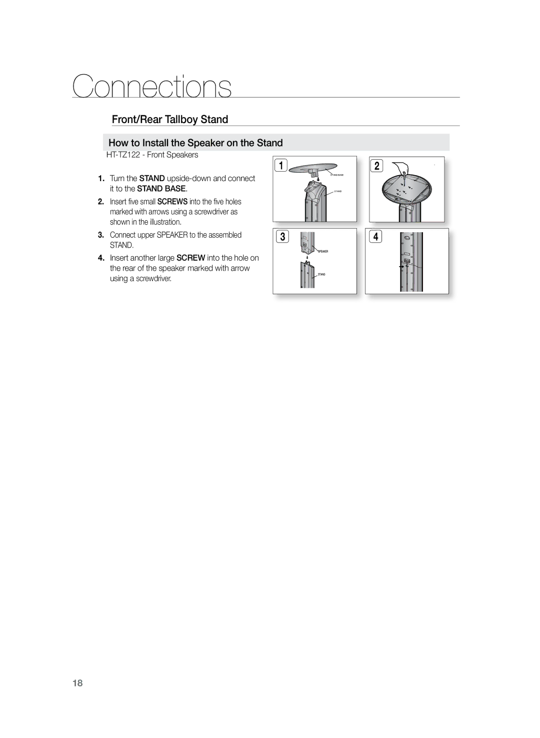 Samsung HT-Z120T/SAM, HT-Z120T/EDC, HT-Z120T/XEF manual Front/Rear Tallboy Stand, How to Install the Speaker on the Stand 