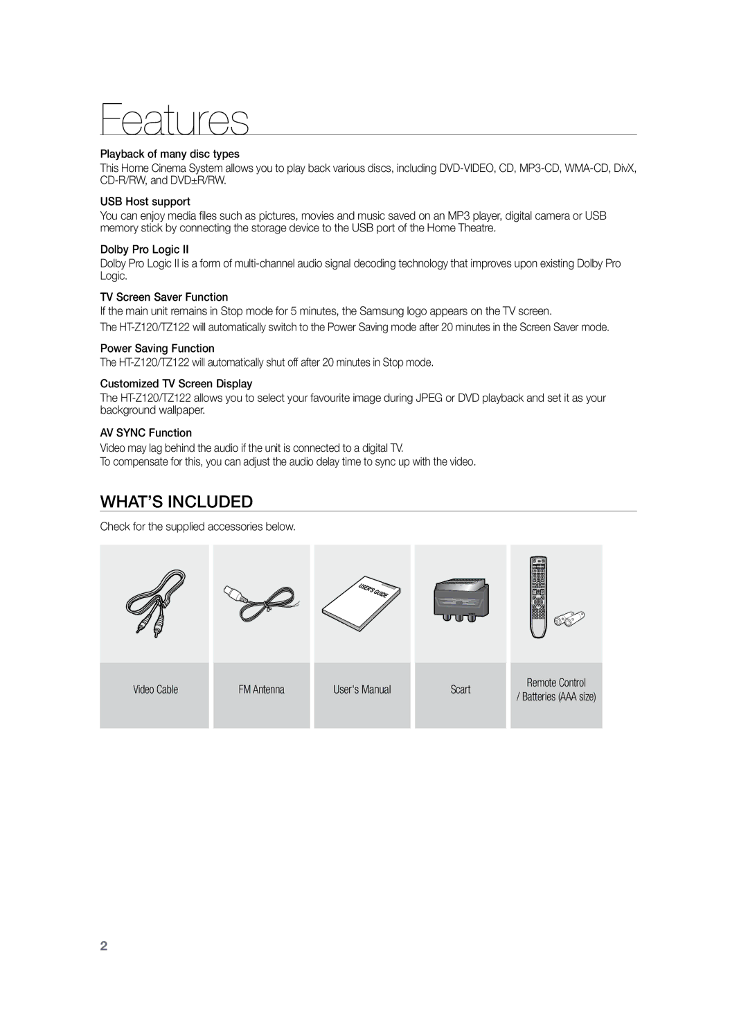 Samsung HT-Z120T/XET, HT-Z120T/EDC, HT-Z120T/XEF, HT-Z120T/FMC, HT-Z120T/MEA, HT-Z120T/UMG manual Features, What’s included 