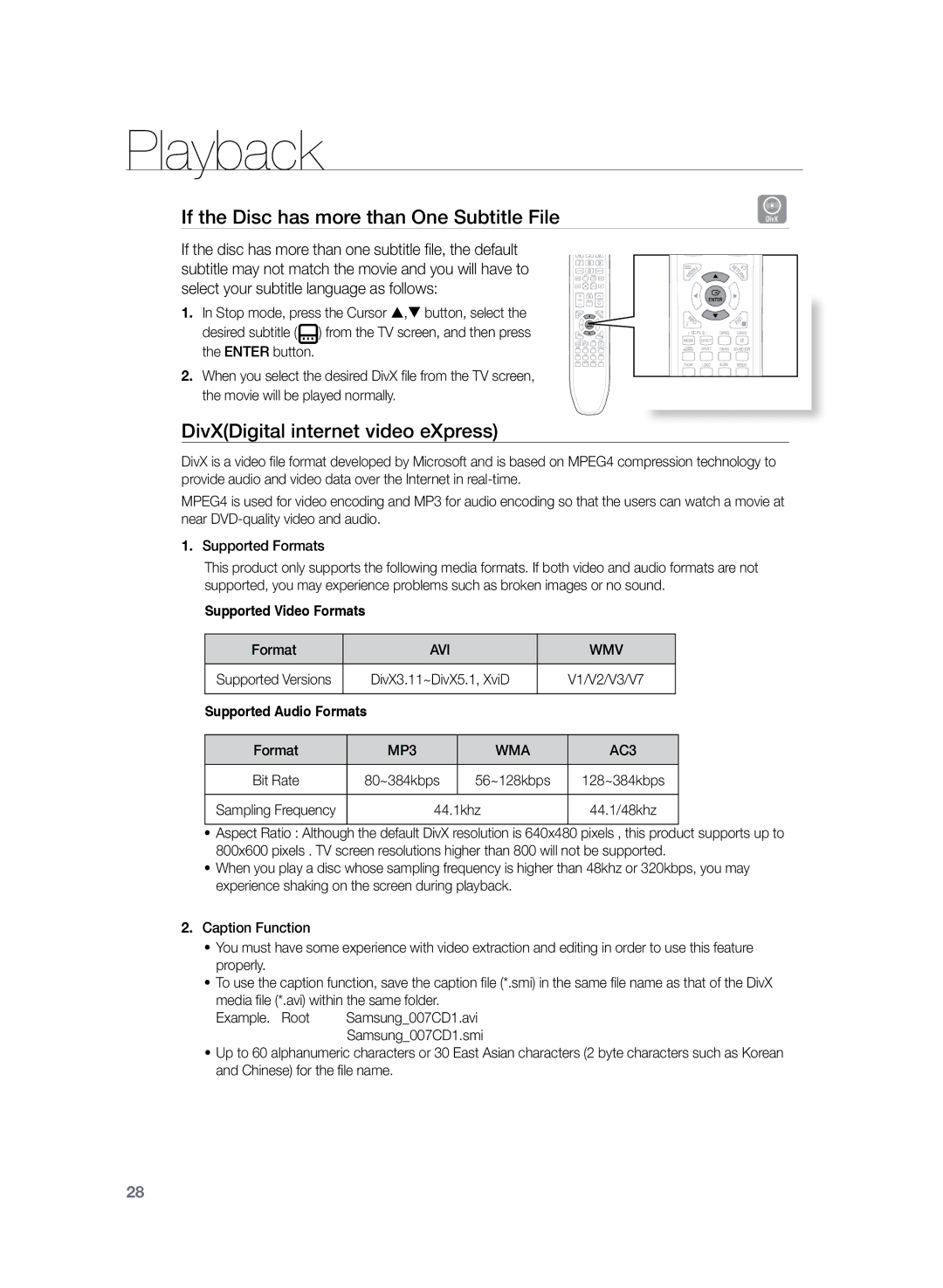 Samsung HT-Z120T/SAM If the Disc has more than One Subtitle File, DivXDigital internet video eXpress, Avi Wmv, MP3 WMA 