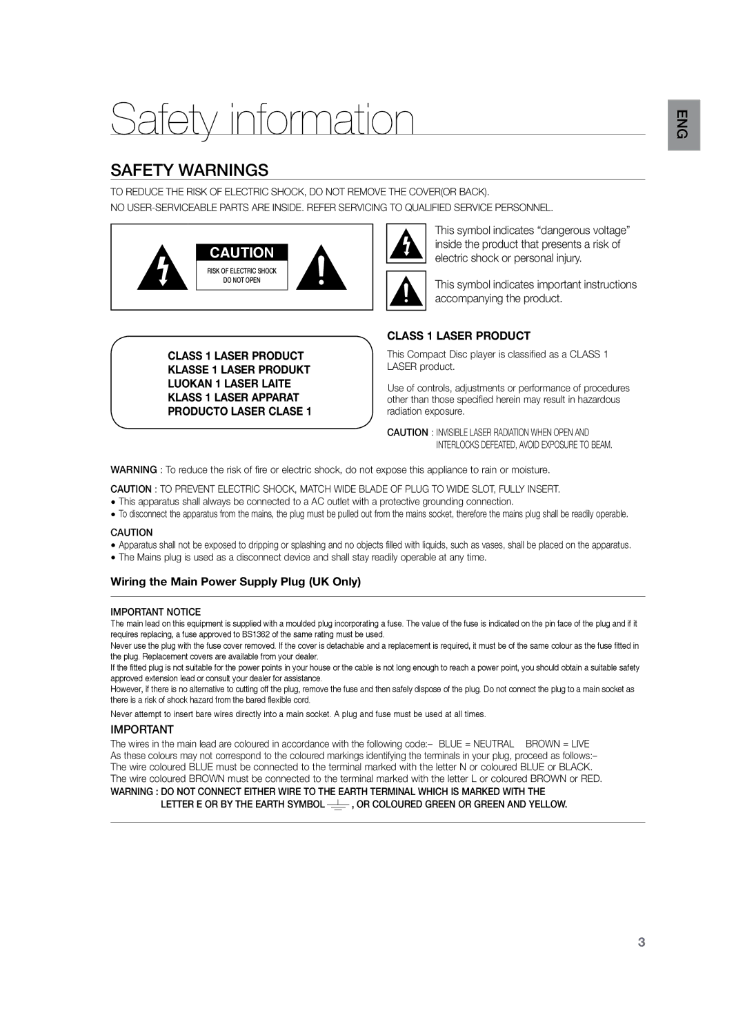 Samsung HT-Z120T/FMC, HT-Z120T/EDC, HT-Z120T/XEF, HT-Z120T/XET, HT-Z120T/MEA, HT-Z120T/UMG Safety information, Safety Warnings 