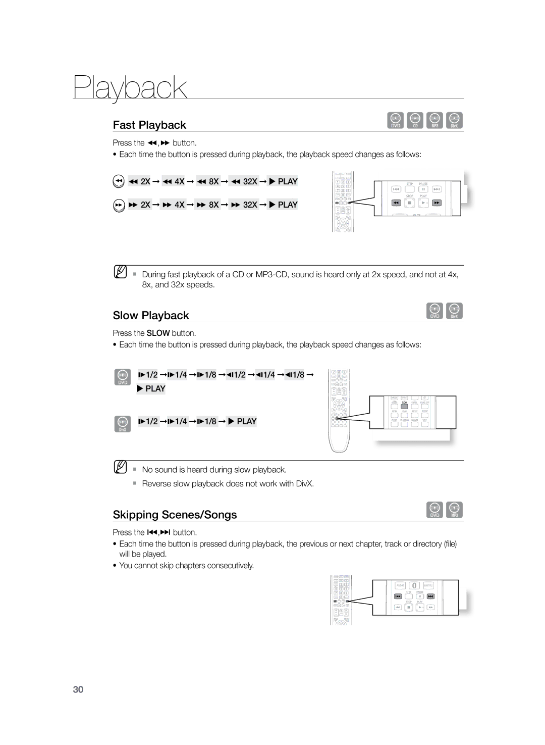 Samsung HT-Z120T/EDC, HT-Z120T/XEF, HT-Z120T/XET, HT-Z120T/FMC manual Fast Playback, Slow Playback, Skipping Scenes/Songs 