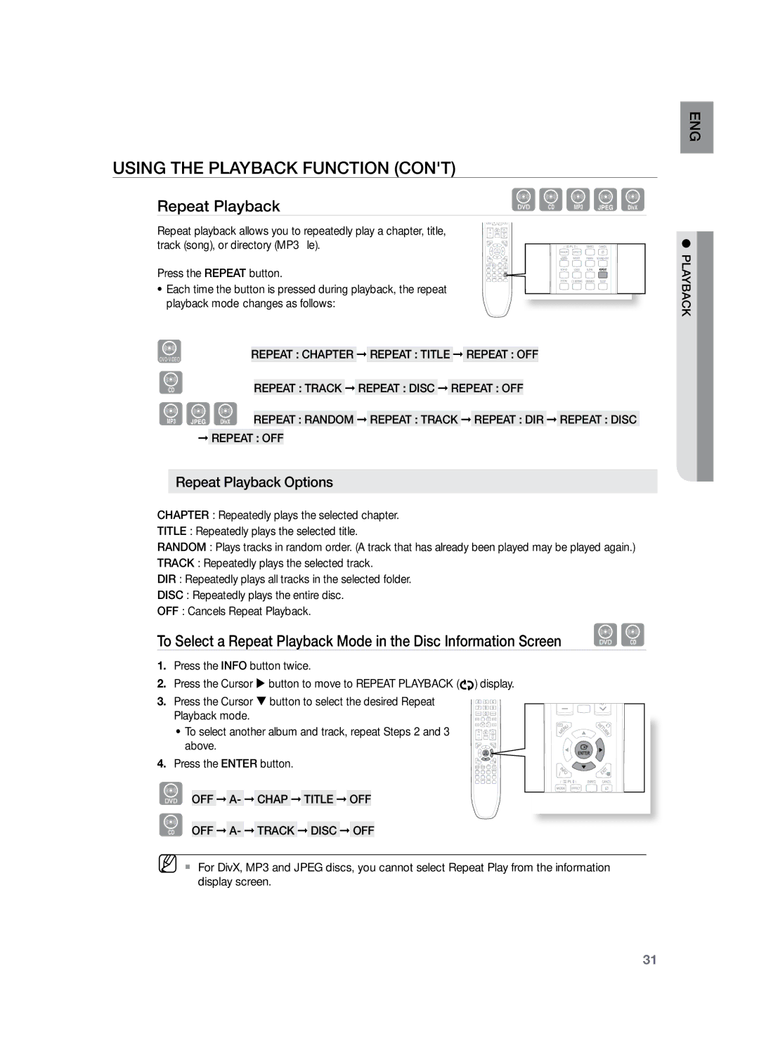 Samsung HT-Z120T/XEF, HT-Z120T/EDC, HT-Z120T/XET, HT-Z120T/FMC manual Repeat Playback Options, OFF A- Track Disc OFF 