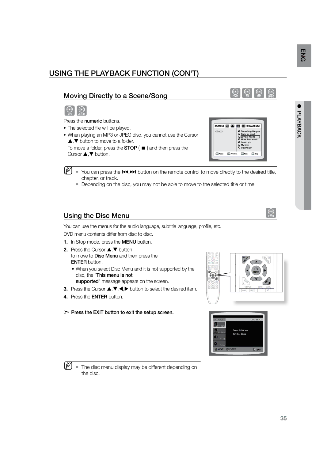 Samsung HT-Z120T/UMG, HT-Z120T/EDC manual Using the Disc Menu, Press the numeric buttons Selected file will be played 