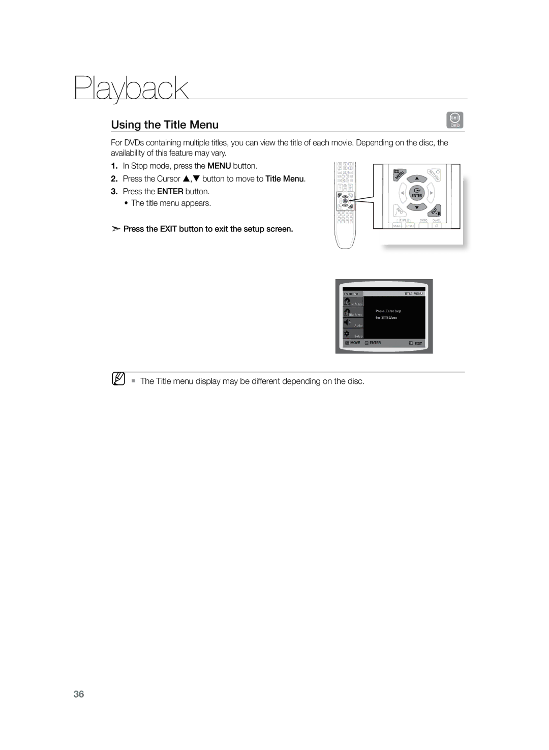 Samsung HT-Z120T/SIM, HT-Z120T/EDC, HT-Z120T/XEF, HT-Z120T/XET, HT-Z120T/FMC, HT-Z120T/MEA, HT-Z120T/UMG Using the Title Menu 