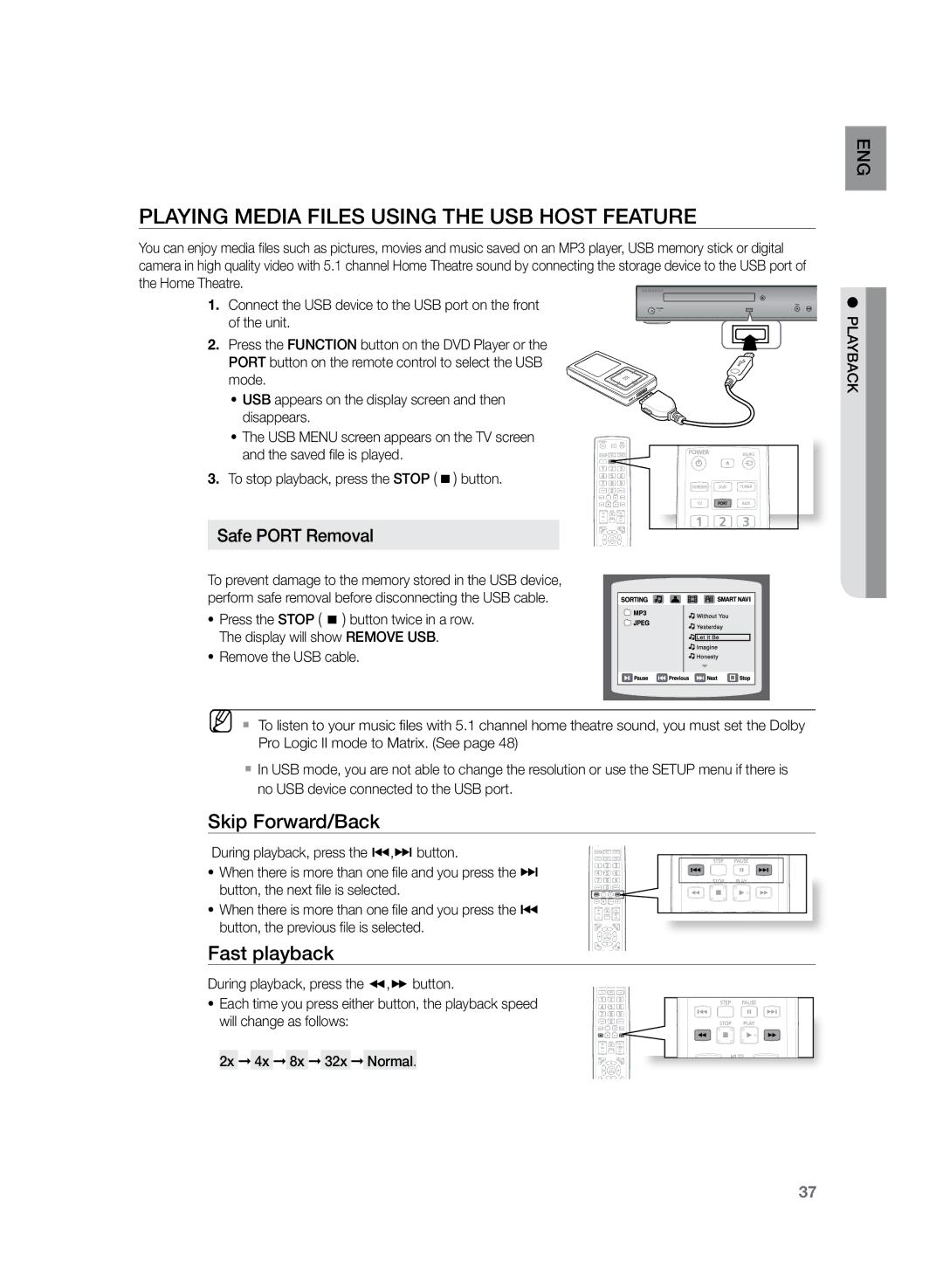 Samsung HT-Z120T/XER, HT-Z120T/EDC, HT-Z120T/XEF manual Playing Media Files using the USB Host Feature, Safe Port Removal 