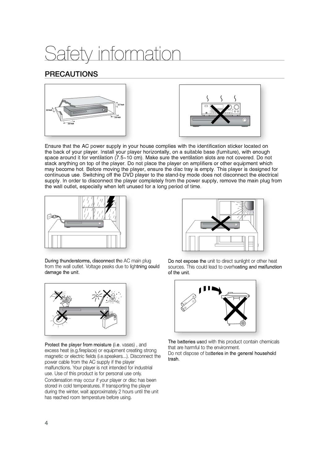 Samsung HT-Z120T/MEA, HT-Z120T/EDC, HT-Z120T/XEF, HT-Z120T/XET, HT-Z120T/FMC, HT-Z120T/UMG manual Precautions, Damage the unit 