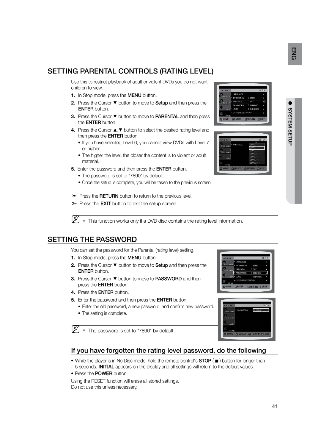 Samsung HT-Z120T/XEF, HT-Z120T/EDC, HT-Z120T/XET, HT-Z120T/FMC Setting Parental Controls Rating Level, Setting the Password 