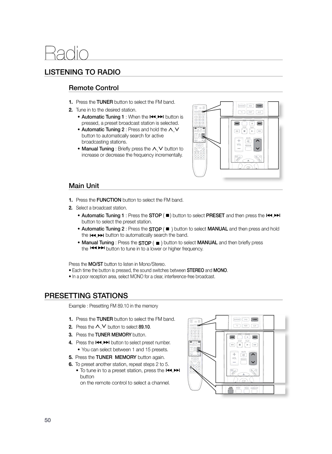 Samsung HT-Z120T/EDC, HT-Z120T/XEF, HT-Z120T/XET Listening to Radio, Presetting Stations, Remote Control, Main Unit 