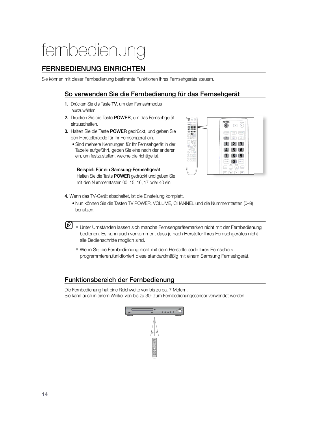 Samsung HT-Z120T/EDC, HT-Z120T/XEF manual Fernbedienung einrichten, So verwenden Sie die Fernbedienung für das Fernsehgerät 