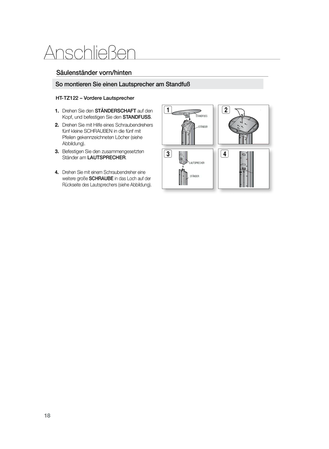 Samsung HT-Z120T/EDC, HT-Z120T/XEF manual Säulenständer vorn/hinten, So montieren Sie einen Lautsprecher am Standfuß 