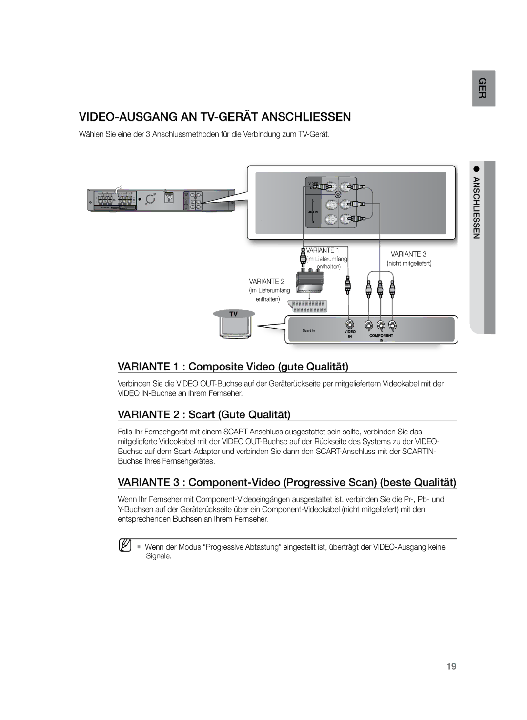 Samsung HT-Z120T/XEF manual Video-Ausgang an TV-Gerät anschlieSSen, Variante 1 Composite Video gute Qualität, EnSS anschlie 