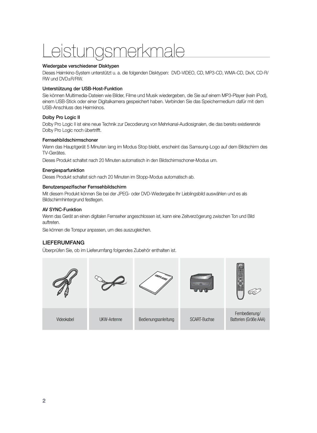 Samsung HT-Z120T/EDC, HT-Z120T/XEF manual Leistungsmerkmale, Lieferumfang 