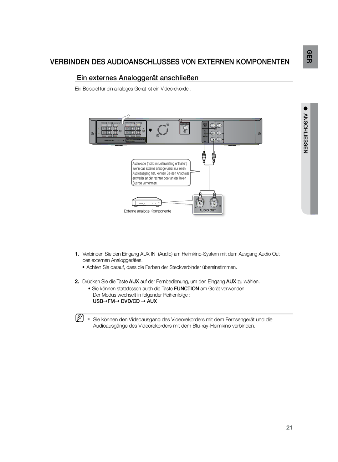 Samsung HT-Z120T/XEF manual Verbinden des Audioanschlusses von externen Komponenten, Ein externes Analoggerät anschließen 