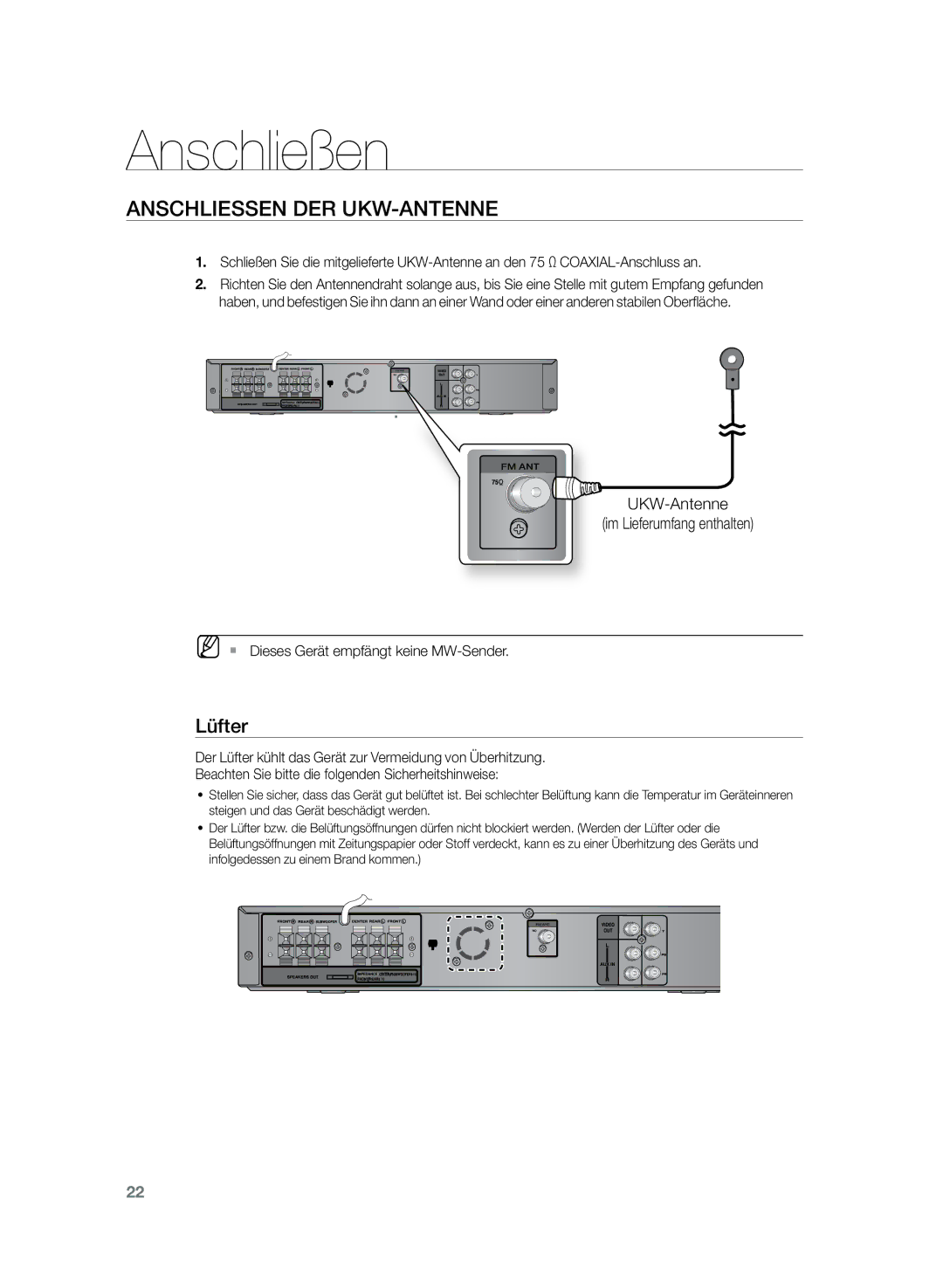 Samsung HT-Z120T/EDC, HT-Z120T/XEF manual AnschlieSSen der UKW-Antenne, Lüfter, UKW-Antenne Im Lieferumfang enthalten 