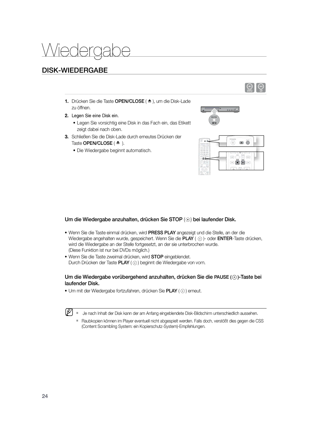 Samsung HT-Z120T/EDC, HT-Z120T/XEF manual Disk-Wiedergabe, Um mit der Wiedergabe fortzufahren, drücken Sie Play erneut 