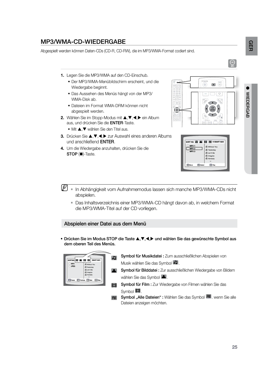 Samsung HT-Z120T/XEF, HT-Z120T/EDC manual MP3/WMA-CD-Wiedergabe, Abspielen einer Datei aus dem Menü 