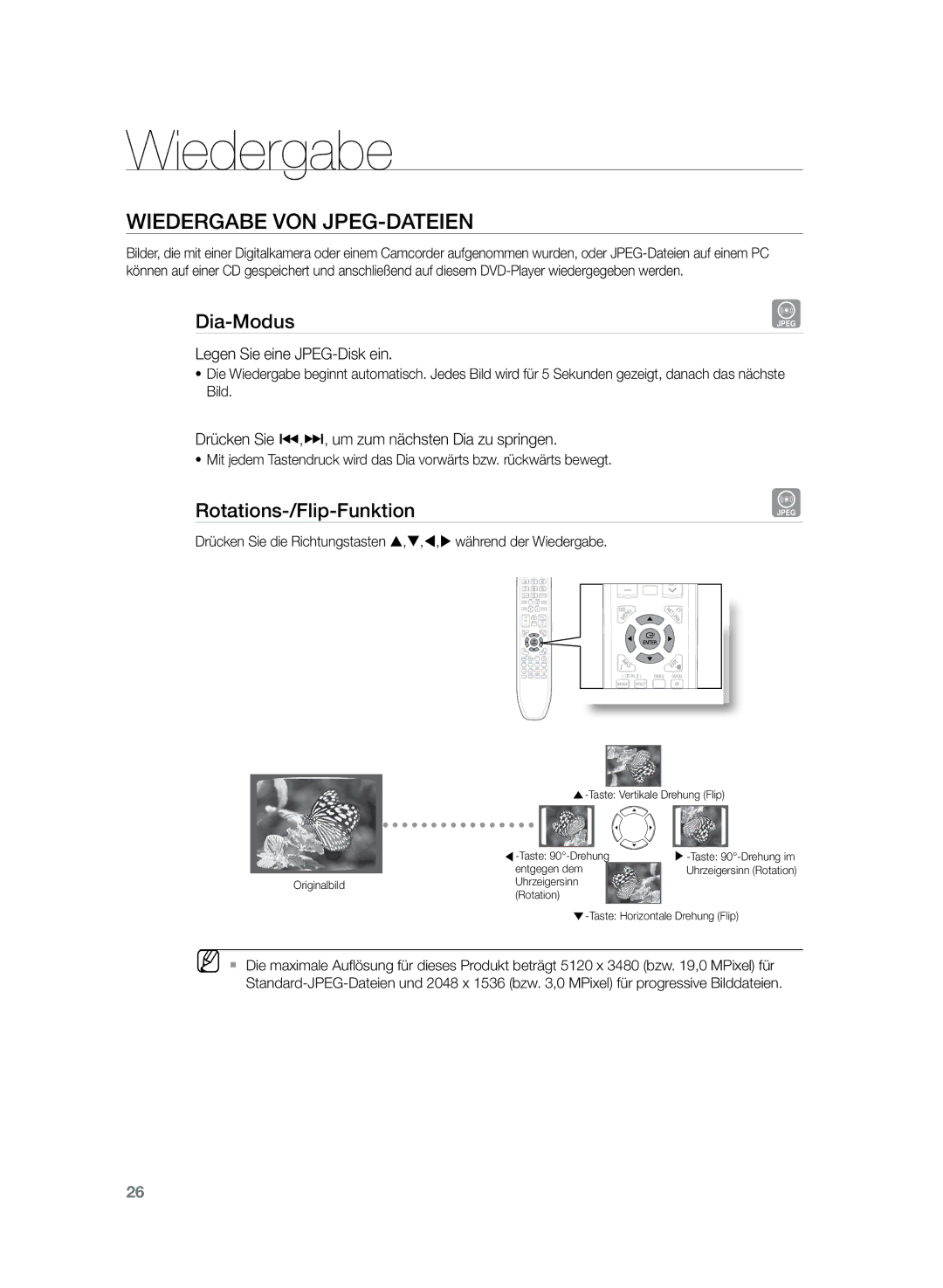 Samsung HT-Z120T/EDC manual Wiedergabe von JPEG-Dateien, Dia-Modus, Rotations-/Flip-Funktion, Legen Sie eine JPEG-Disk ein 