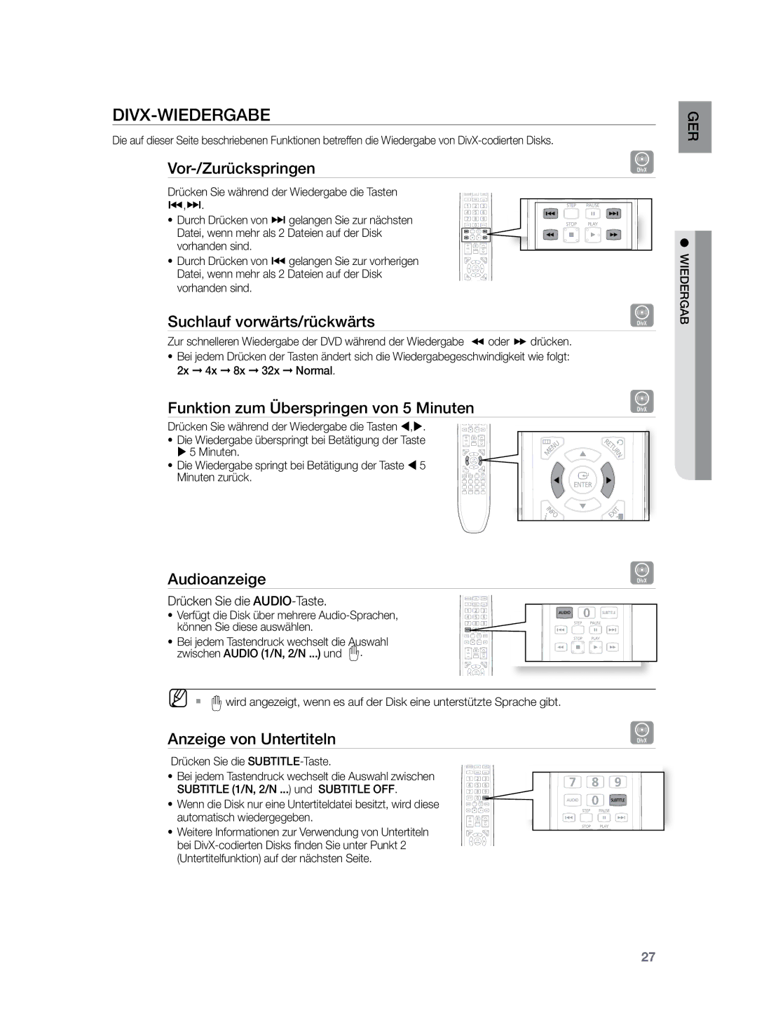 Samsung HT-Z120T/XEF manual Vor-/Zurückspringen, Suchlauf vorwärts/rückwärts, Funktion zum Überspringen von 5 Minuten 