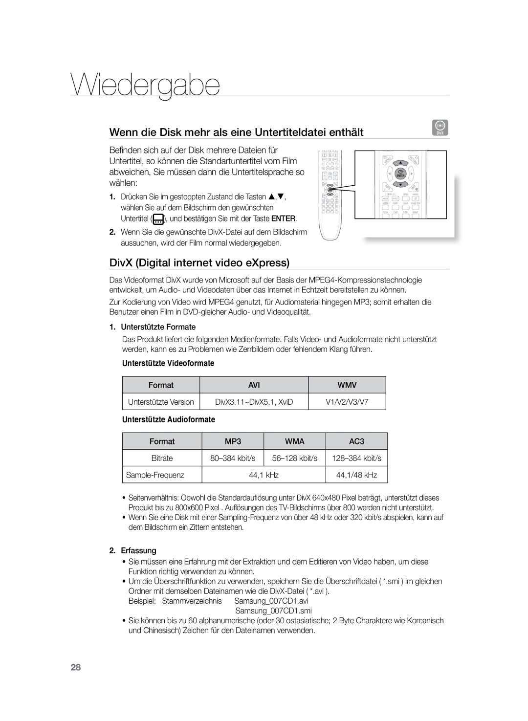 Samsung HT-Z120T/EDC Wenn die Disk mehr als eine Untertiteldatei enthält, DivX Digital internet video eXpress, Avi Wmv 