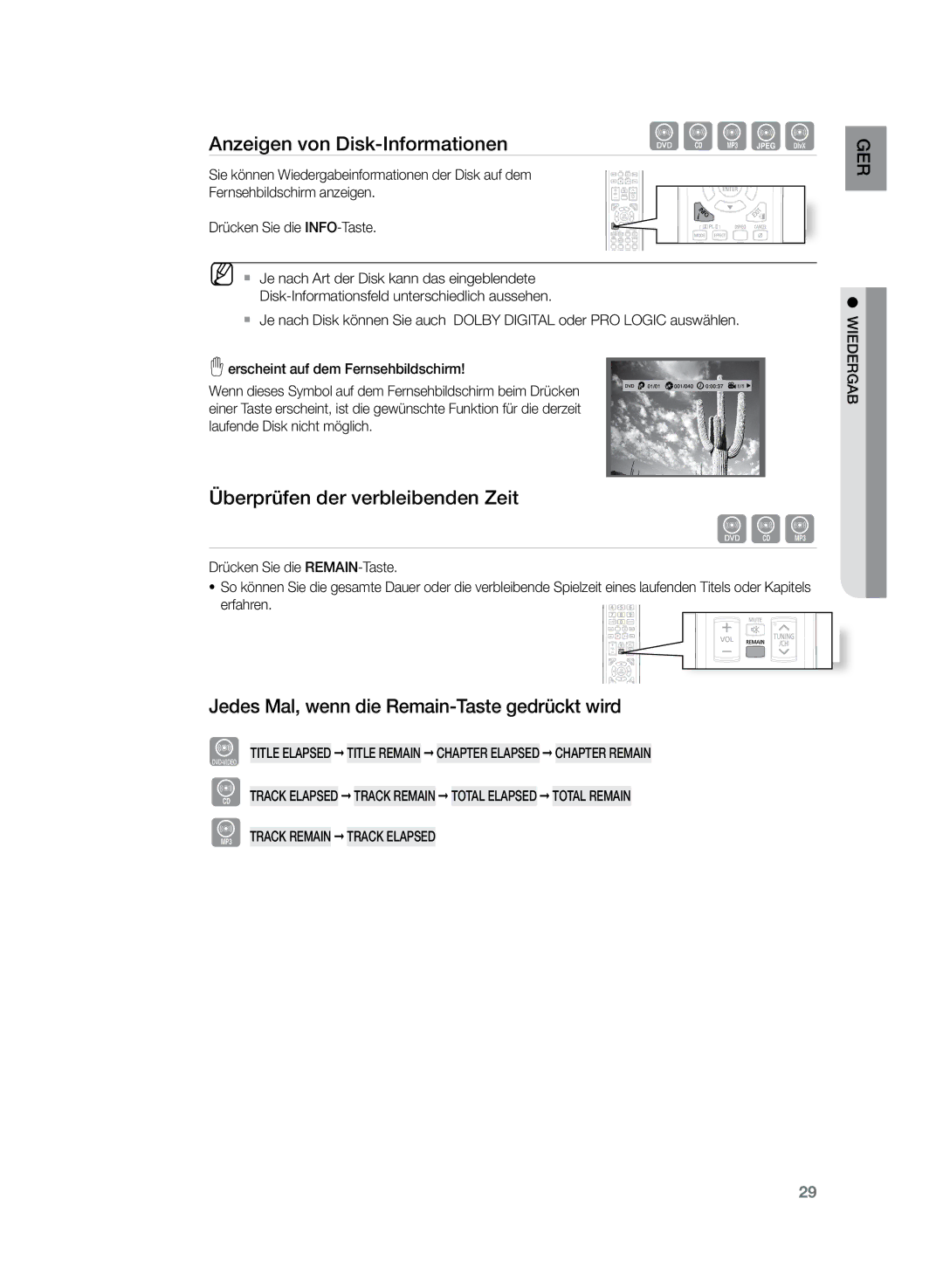 Samsung HT-Z120T/XEF Anzeigen von Disk-Informationen, Überprüfen der verbleibenden Zeit, Drücken Sie die REMAIN-Taste 