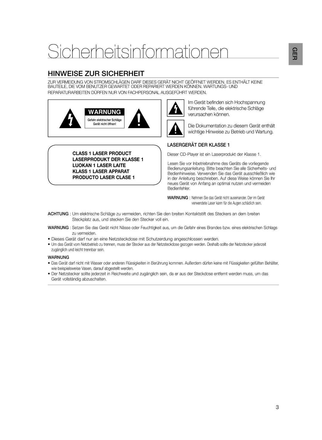 Samsung HT-Z120T/XEF, HT-Z120T/EDC manual Sicherheitsinformationen, Hinweise zur Sicherheit, Lasergerät DER Klasse 