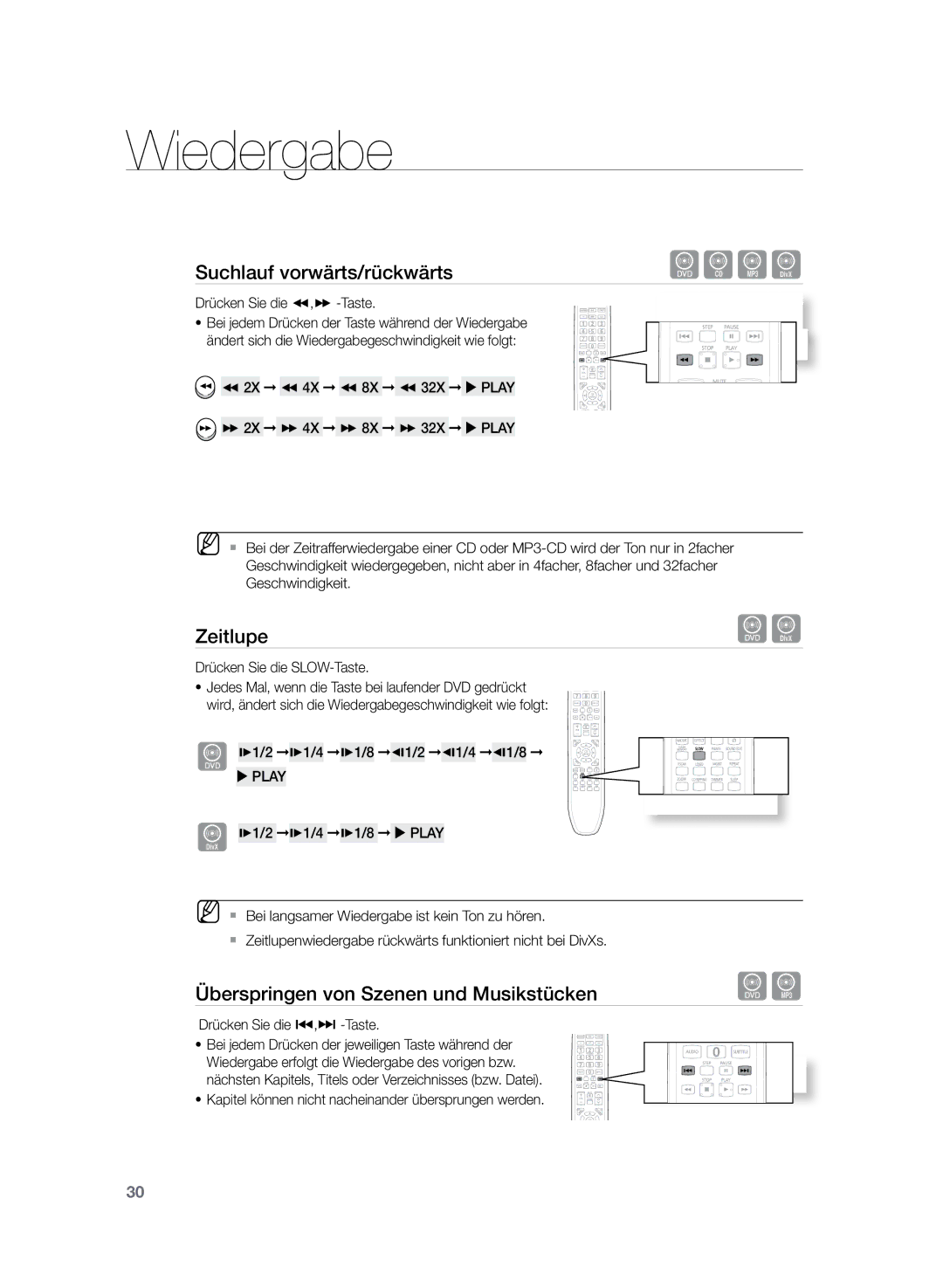 Samsung HT-Z120T/EDC, HT-Z120T/XEF manual Zeitlupe, Überspringen von Szenen und Musikstücken, Drücken Sie die , -Taste 