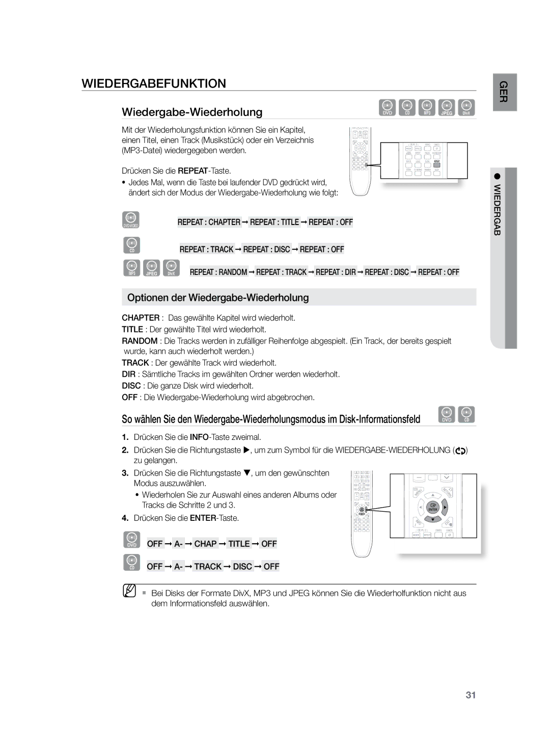 Samsung HT-Z120T/XEF, HT-Z120T/EDC Wiedergabefunktion, Wiedergabe-WiederholungdBAGD, Optionen der Wiedergabe-Wiederholung 