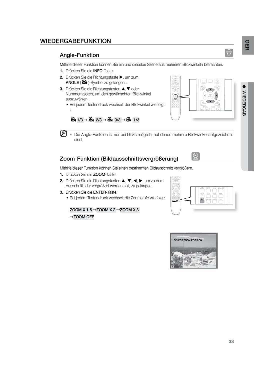 Samsung HT-Z120T/XEF Angle-Funktion, Zoom-Funktion Bildausschnittsvergrößerung, Zoom X 1.5 Zoom X 2 Zoom X 3 Zoom OFF 