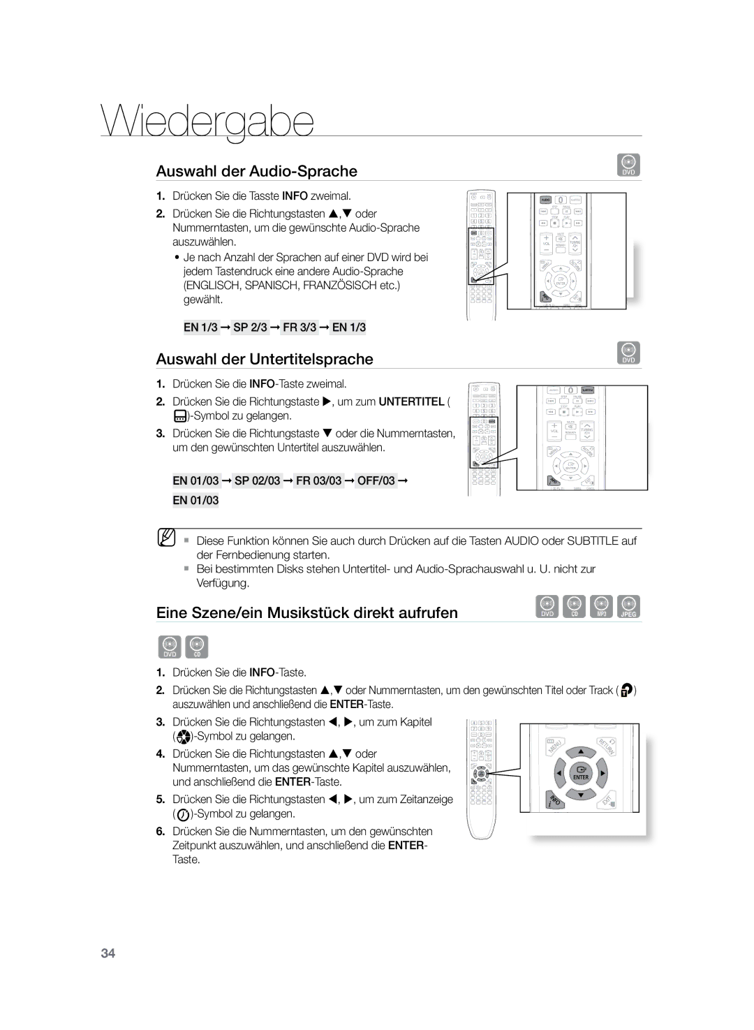 Samsung HT-Z120T/EDC Auswahl der Audio-Sprache, Auswahl der Untertitelsprache, Eine Szene/ein Musikstück direkt aufrufen 