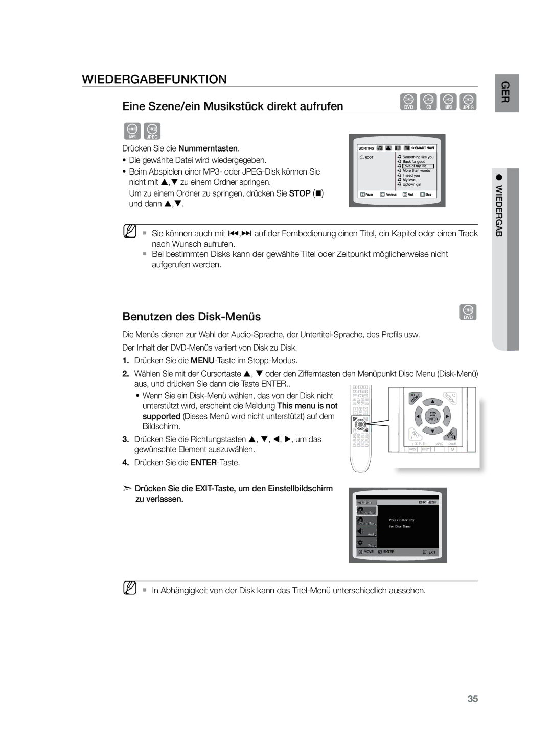 Samsung HT-Z120T/XEF, HT-Z120T/EDC manual Benutzen des Disk-Menüs 