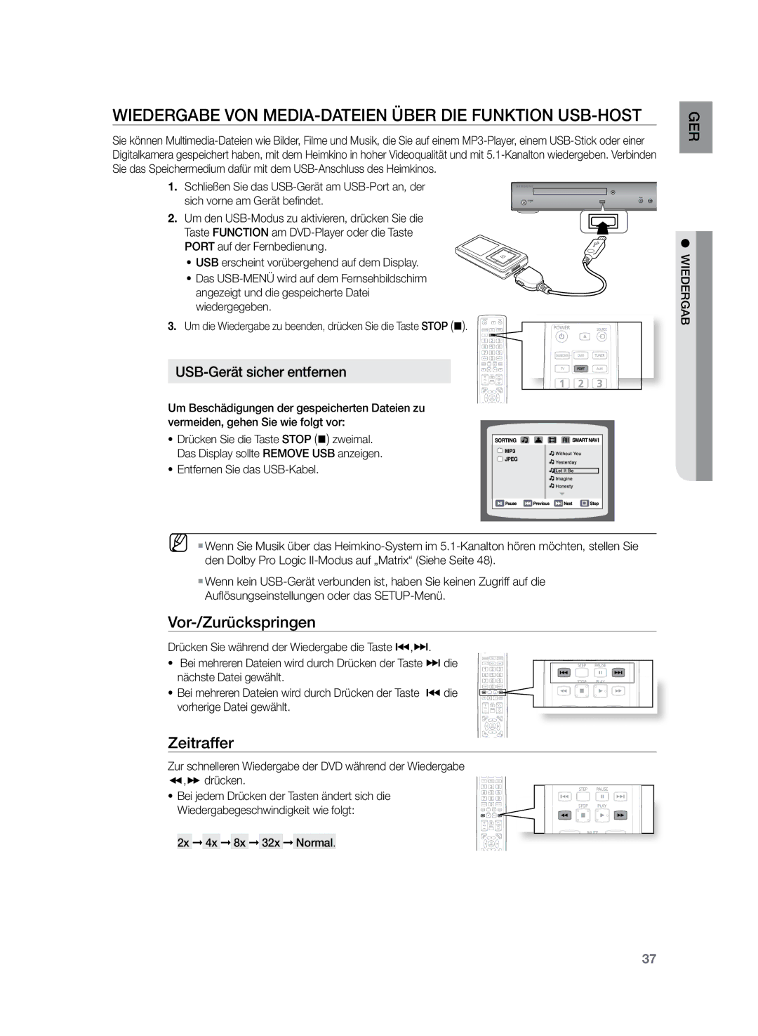 Samsung HT-Z120T/XEF manual Wiedergabe von Media-Dateien über die Funktion USB-Host, Zeitraffer, USB-Gerät sicher entfernen 